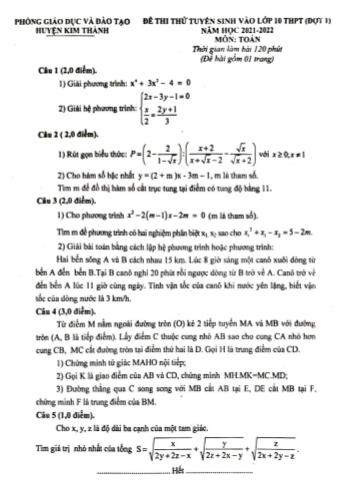 Đề thi thử tuyển sinh vào Lớp 10 THPT môn Toán (Đợt 1) - Năm học 2021-2022 - Phòng giáo dục và đào tạo Kim Thành