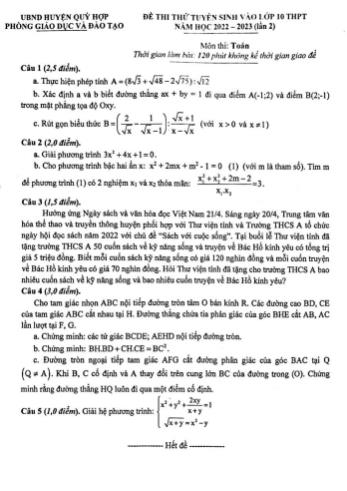 Đề thi thử tuyển sinh vào Lớp 10 THPT môn Toán (Lần 2) - Năm học 2022-2023 - Phòng giáo dục và đào tạo Quỳ Hợp