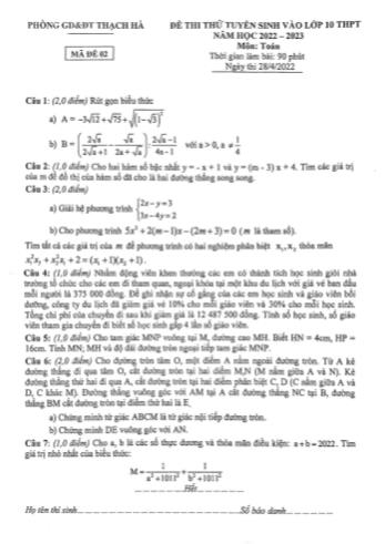 Đề thi thử tuyển sinh vào Lớp 10 THPT môn Toán - Năm học 2022-2023 - Phòng giáo dục và đào tạo Thạch Hà