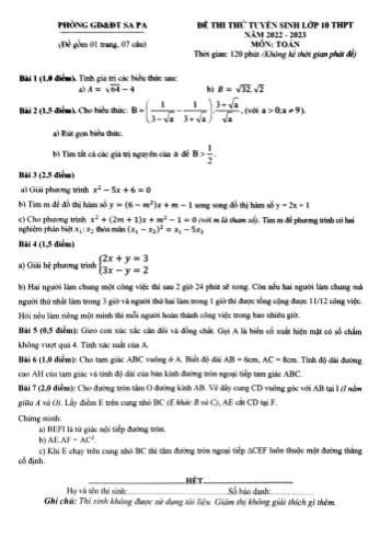 Đề thi thử tuyển sinh vào Lớp 10 THPT môn Toán - Năm học 2022-2023 - Phòng giáo dục và đào tạo Sa Pa