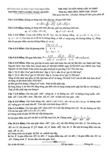 Đề thi thử tuyển sinh vào Lớp 10 THPT môn Toán - Năm học 2022-2023 - Trường THPT Lương Ngọc Quyến