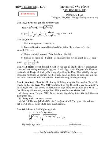 Đề thi thử vào Lớp 10 môn Toán - Năm học 2022-2023 - Phòng giáo dục và đào tạo Nghi Lộc (Có hướng dẫn chấm)