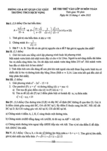 Đề thi thử vào Lớp 10 môn Toán - Năm học 2022-2023 - Trường THCS Dịch Vọng