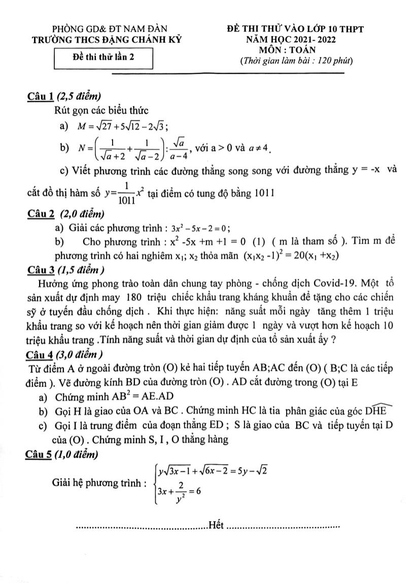 Đề thi thử vào Lớp 10 THPT môn Toán (Lần 2) - Năm học 2021-2022 - Trường THCS Đặng Chánh Kỷ