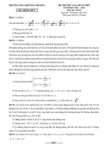 Đề thi thử vào Lớp 10 THPT môn Toán - Năm học 2021-2022 - Trường THCS Khương Thượng (Có đáp án)
