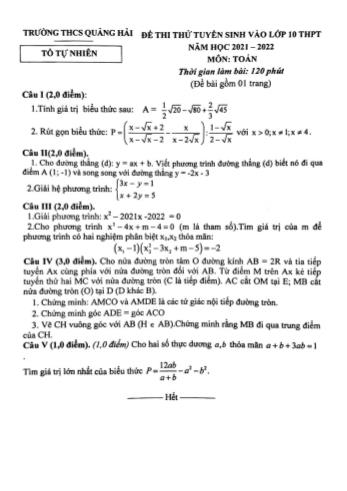 Đề thi thử vào Lớp 10 THPT môn Toán - Năm học 2021-2022 - Trường THCS Quảng Hải