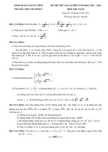 Đề thi thử vào Lớp 10 THPT môn Toán - Năm học 2021-2022 - Trường THCS Mỹ Đình 2 (Có đáp án)