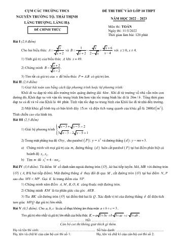 Đề thi thử vào Lớp 10 THPT môn Toán - Năm học 2022-2023 - Trường THCS Nguyễn Trường Tộ (Có hướng dẫn chấm)