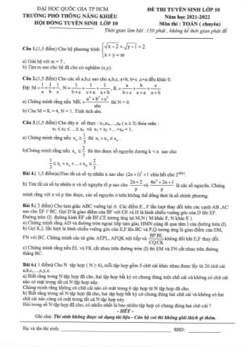 Đề thi tuyển sinh Lớp 10 (Chuyên) - Năm học 2021-2022 - Trường THPT Năng khiếu (Có đáp án)