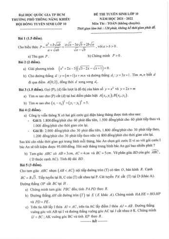 Đề thi tuyển sinh Lớp 10 (Không chuyên) - Năm học 2021-2022 - Trường THPT Năng khiếu (Có đáp án)