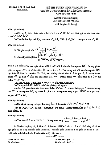 Đề thi tuyển sinh Lớp 10 THPT môn Toán (Chuyên) - Năm học 2021-2022 - Trường THPT chuyên Lê Hồng Phong (Có đáp án)