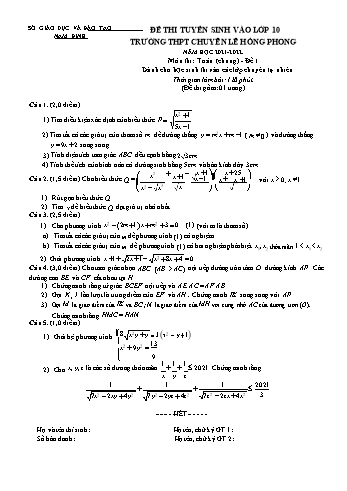Đề thi tuyển sinh Lớp 10 THPT môn Toán (Chuyên tự nhiên) - Đề 1 - Năm học 2021-2022 - Trường THPT chuyên Lê Hồng Phong (Có đáp án)