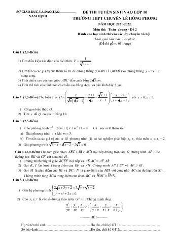 Đề thi tuyển sinh Lớp 10 THPT môn Toán (Chuyên xã hội) - Đề 2 - Năm học 2021-2022 - Trường THPT chuyên Lê Hồng Phong (Có đáp án)