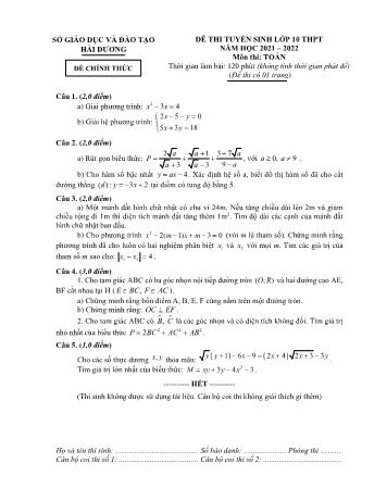 Đề thi tuyển sinh Lớp 10 THPT môn Toán - Năm học 2021-2022 - Sở giáo dục và đào tạo Hải Dương (Có đáp án)