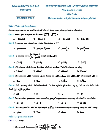 Đề thi tuyển sinh Lớp 10 THPT môn Toán - Năm học 2021-2022 - Sở giáo dục và đào tạo Nam Định (Có lời giải chi tiết)