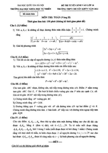 Đề thi tuyển sinh vào Lớp 10 THPT chuyên Khoa học tự nhiên môn Toán (Vòng II) - Năm học 2022-2023 - Trường Đại học Khoa học tự nhiên (Có đáp án)