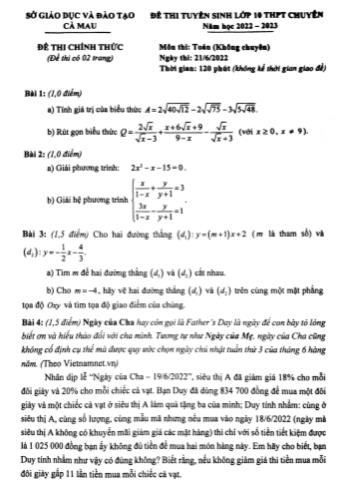 Đề thi tuyển sinh vào Lớp 10 THPT chuyên môn Toán (Không chuyên) - Năm học 2022-2023 - Sở giáo dục và đào tạo Cà Mau (Có đáp án)