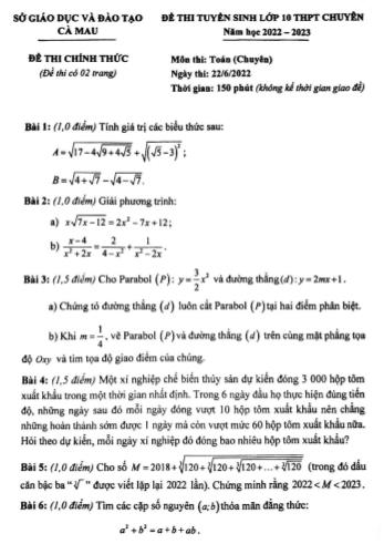 Đề thi tuyển sinh vào Lớp 10 THPT chuyên môn Toán - Năm học 2022-2023 - Sở giáo dục và đào tạo Cà Mau