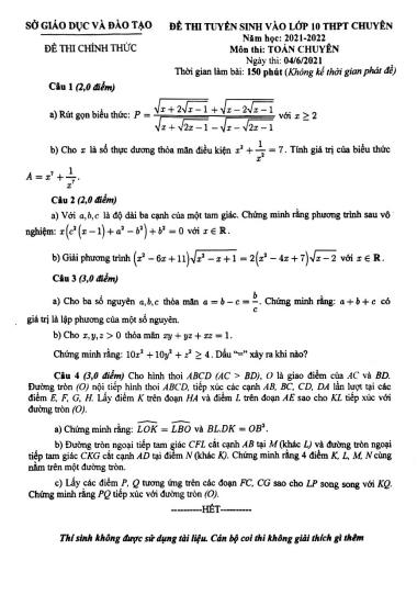 Đề thi tuyển sinh vào Lớp 10 THPT chuyên môn Toán - Năm học 2021-2022 - Sở giáo dục và đào tạo Bình Dương