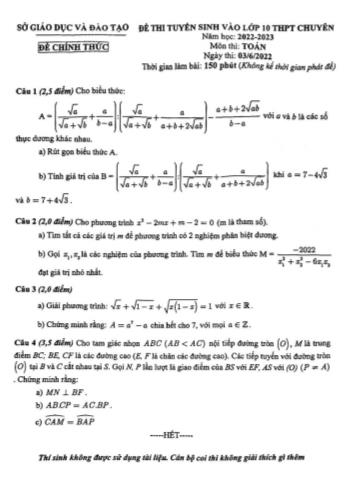 Đề thi tuyển sinh vào Lớp 10 THPT chuyên môn Toán - Năm học 2022-2023 - Sở giáo dục và đào tạo Bình Dương (Có đáp án)