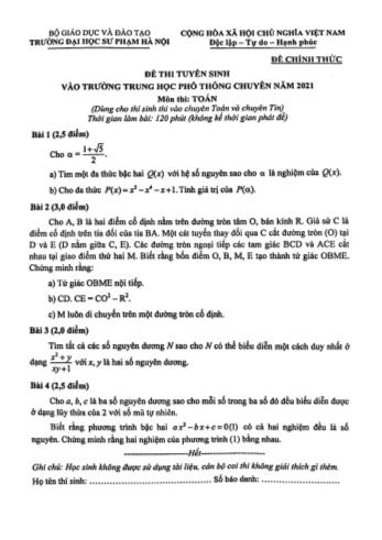 Đề thi tuyển sinh vào Lớp 10 THPT chuyên môn Toán - Năm học 2021-2022 - Trường Đại học Sư phạm Hà Nội (Có đáp án)