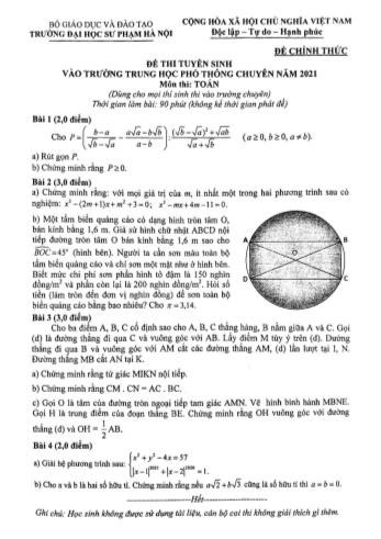 Đề thi tuyển sinh vào Lớp 10 THPT chuyên môn Toán - Năm học 2021-2022 - Trường Đại học Sư phạm Hà Nội (Có lời giải chi tiết)
