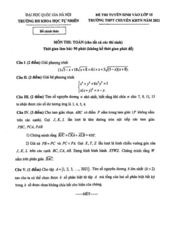 Đề thi tuyển sinh vào Lớp 10 THPT chuyên môn Toán - Năm học 2021-2022 - Trường THPT chuyên Khoa học tự nhiên (Có đáp án)
