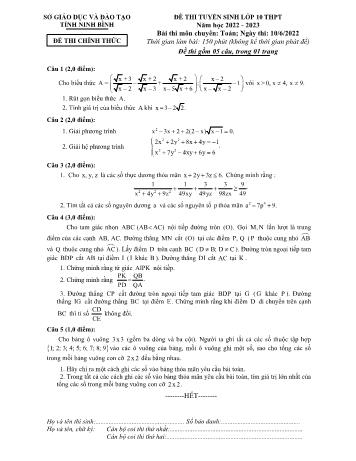 Đề thi tuyển sinh vào Lớp 10 THPT môn Toán (Chuyên) - Năm học 2022-2023 - Sở giáo dục và đào tạo Ninh Bình (Có hướng dẫn chấm)