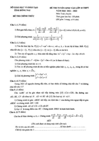 Đề thi tuyển sinh vào Lớp 10 THPT môn Toán - Năm học 2021-2022 - Sở giáo dục và đào tạo Đồng Nai (Có lời giải chi tiết)