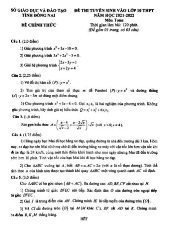 Đề thi tuyển sinh vào Lớp 10 THPT môn Toán - Năm học 2021-2022 - Sở giáo dục và đào tạo Đồng Nai (Có đáp án)