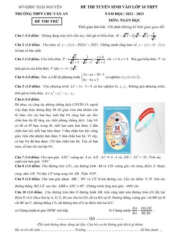 Đề thi tuyển sinh vào Lớp 10 THPT môn Toán - Năm học 2022-2023 - Trường THPT Chu Văn An