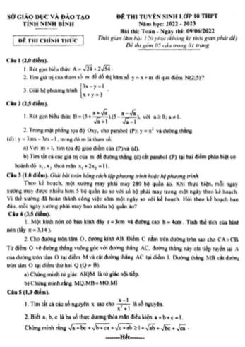 Đề thi tuyển sinh vào Lớp 10 THPT môn Toán - Năm học 2022-2023 - Sở giáo dục và đào tạo Ninh Bình (Có đáp án)
