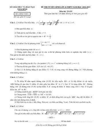 Đề thi tuyển sinh vào Lớp 10 THPT môn Toán - Năm học 2022-2023 - Sở giáo dục và đào tạo Thái Bình (Có hướng dẫn chấm)