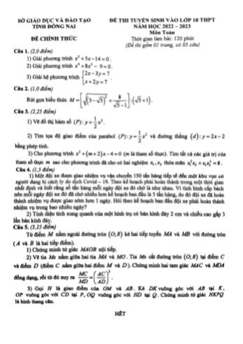 Đề thi tuyển sinh vào Lớp 10 THPT môn Toán - Năm học 2022-2023 - Sở giáo dục và đào tạo Đồng Nai (Có đáp án)
