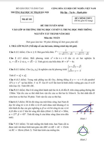 Đề thi tuyển sinh vào Lớp 10 THPT Nguyễn Tất Thành môn Toán - Năm học 2022-2023 - Trường Đại học Sư phạm Hà Nội (Có đáp án)