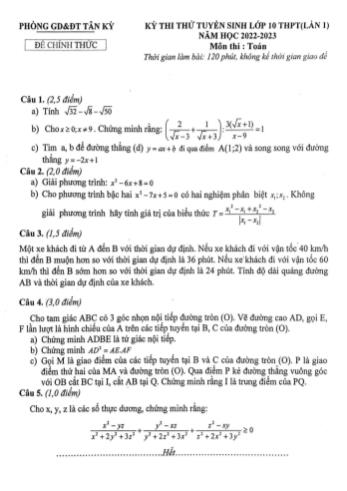 Kì thi thử tuyển sinh Lớp 10 THPT môn Toán (Lần 1) - Năm học 2022-2023 - Phòng giáo dục và đào tạo Tân Kỳ