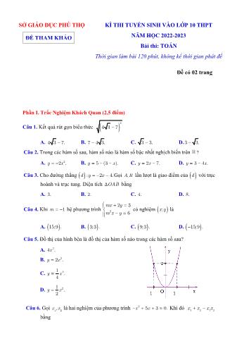 Kì thi tuyển sinh vào Lớp 10 THPT môn Toán - Năm học 2022-2023 - Sở giáo dục Phú Thọ (Có đáp án)
