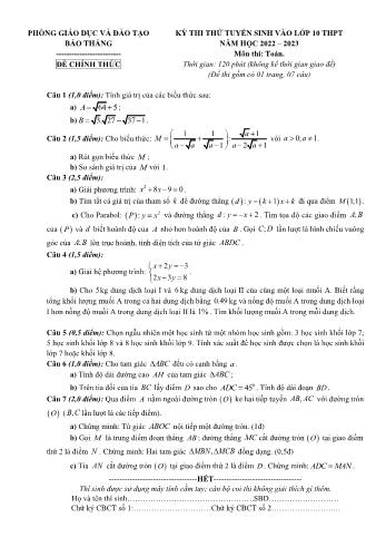 Kỳ thi thử tuyển sinh vào Lớp 10 THPT môn Toán - Năm học 2022-2023 - Phòng giáo dục và đào tạo Bảo Thắng (Có hướng dẫn chấm)