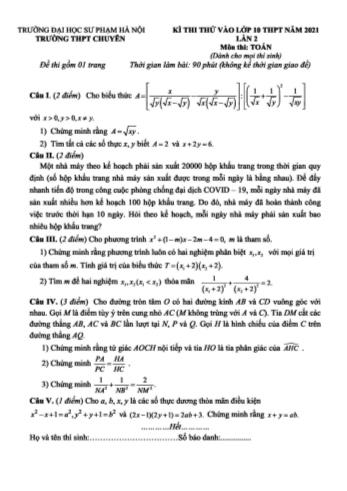 Kỳ thi thử vào Lớp 10 THPT môn Toán (Lần 2) - Năm học 2021-2022 - Trường Đại học Sư phạm Hà Nội