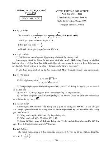 Kỳ thi thử vào Lớp 10 THPT môn Toán - Năm học 2021-2022 - Trường THCS Phù Linh (Có đáp án)