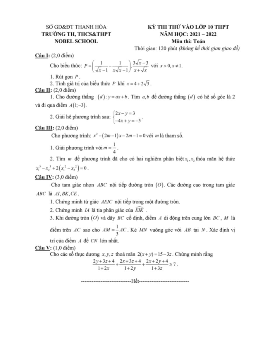 Kỳ thi thử vào Lớp 10 THPT môn Toán - Năm học 2021-2022 - Trường THPT Nobel School (Có đáp án)