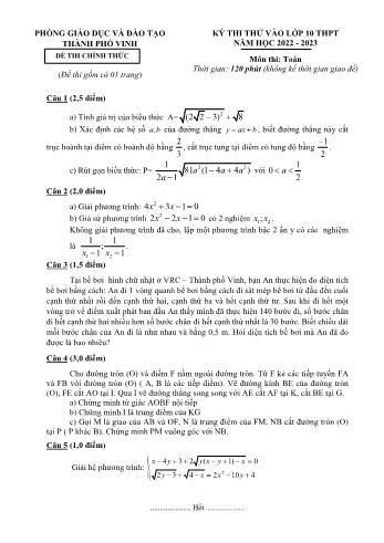 Kỳ thi thử vào Lớp 10 THPT môn Toán - Năm học 2022-2023 - Phòng giáo dục và đào tạo Thành phố Vinh (Có hướng dẫn chấm)