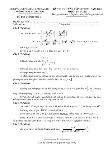 Kỳ thi thử vào Lớp 10 THPT môn Toán - Năm học 2022-2023 - Trường THPT Hoàng Mai (Có đáp án)