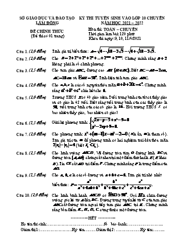 Kỳ thi tuyển sinh Lớp 10 THPT chuyên môn Toán - Năm học 2021-2022 - Sở giáo dục và đào tạo Lâm Đồng (Có hướng dẫn chấm)