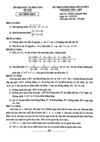 Kỳ thi tuyển sinh Lớp 10 THPT môn Toán (Chuyên Tin) - Năm học 2021-2022 - Sở giáo dục và đào tạo Hà Nội (Có đáp án)