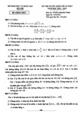 Kỳ thi tuyển sinh Lớp 10 THPT môn Toán - Năm học 2021-2022 - Sở giáo dục và đào tạo Hà Nội (Có đáp án)