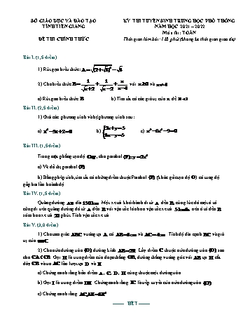 Kỳ thi tuyển sinh Lớp 10 THPT môn Toán - Năm học 2021-2022 - Sở giáo dục và đào tạo Tiền Giang (Có đáp án)