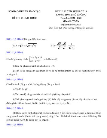 Kỳ thi tuyển sinh Lớp 10 THPT môn Toán - Năm học 2021-2022 - Sở giáo dục và đào tạo Bình Dương (Có đáp án)