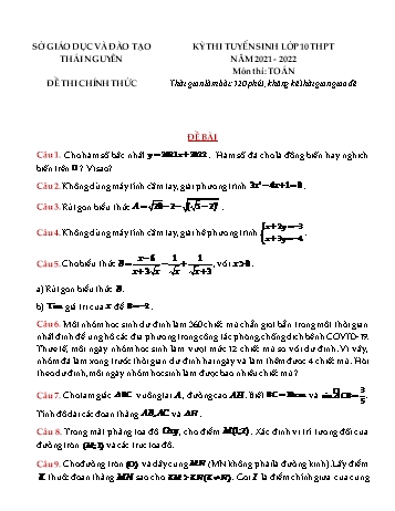 Kỳ thi tuyển sinh Lớp 10 THPT môn Toán - Năm học 2021-2022 - Sở giáo dục và đào tạo Thái Nguyên (Có đáp án)