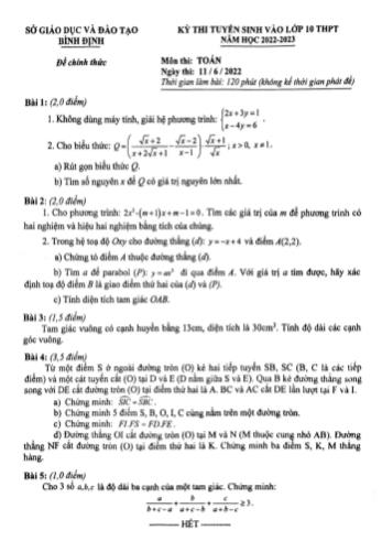 Kỳ thi tuyển sinh Lớp 10 THPT môn Toán - Năm học 2022-2023 - Sở giáo dục và đào tạo Bình Định (Có đáp án)